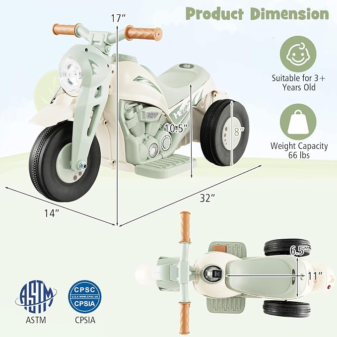 Costzon Kids Motorcycle, 6V Battery Powered Ride on Motorcycle with Bubble Maker, Music, LED Headlight, Forward & Backward, 3 Wheels Electric Motorcycle for Kids, Gift for Boys & Girls (Beige)