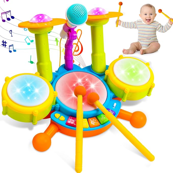 Kids Drum Set for Toddlers Musical Baby Toys Boy Gifts Montessori Baby Girl Toys with Microphone Light Up Learning Toys Birthday Gifts for Infants Toddler Age 3+