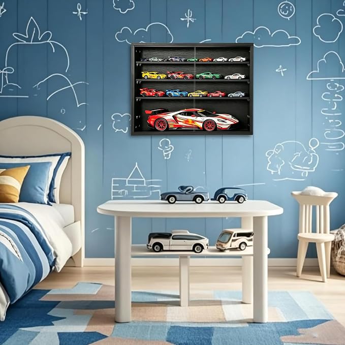 Large Car Display Case, PKHROR Oversized Diecast Car Display Frame with UV Protection, Wall Mount for Toy Cars and Collectible Models, Black