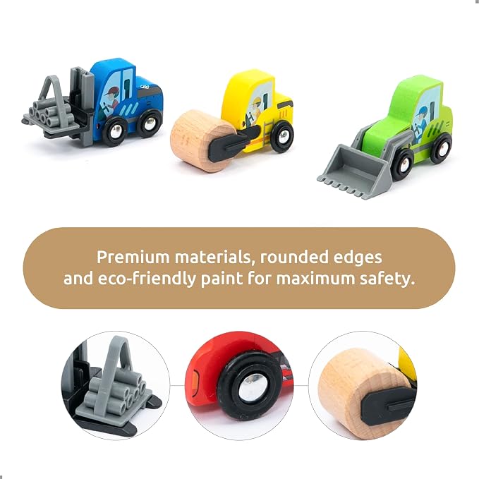 umu® Construction Toy Cars 7 PCS Wooden Kids Mini Vehicles for Toddlers, Compatible to Thomas Train Toys Railway and Major Brands, Best for 3 to 5 Year Old Boys and Girls
