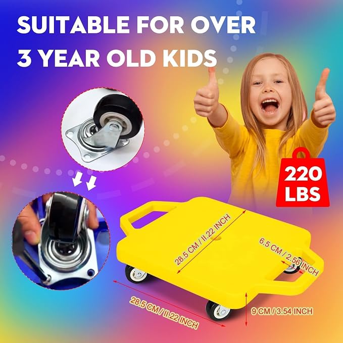 12 Pcs Sports Scooter Board with Handles for Kids Non-Marring Plastic Casters Floor Scooter Board Sitting Scooter Board Boy Girl Gym Indoor Outdoor Activities Play Equipment