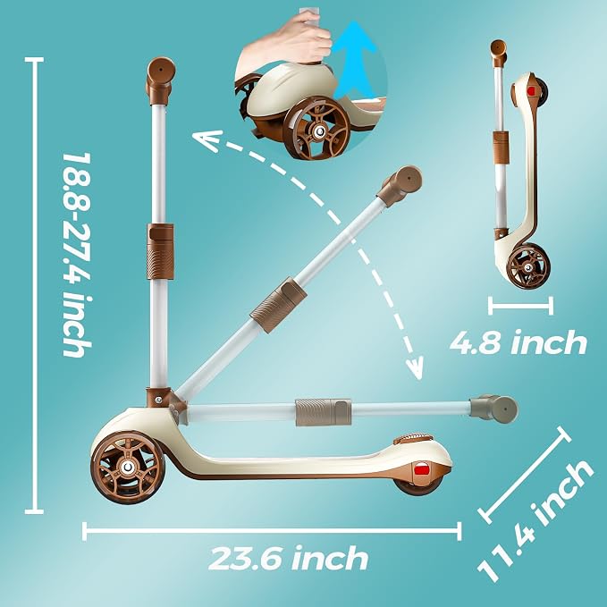 3 Wheel Scooter for Kids Ages, Kids Kick Scooter with LED Light-Up Wheels & Adjustable Handlebar, Toddler Scooter with Rear Brake (Brown)