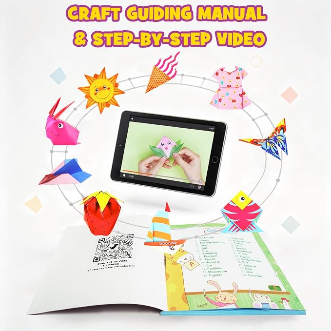 Pigipigi Kids Craft Origami Paper Kit for Kids Ages 5-8 8-12, with Guiding Book, 230 Sheets DIY Art and Crafts Supplies, Colorful Folding Papers Set Projects Gifts Activity for Boy Girl Toys(Cartoon)