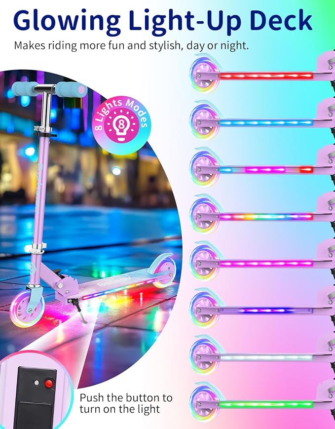 BELEEV V1 Scooters for Kids, 2 Wheel Folding Kick Scooter for Girls Boys, 3 Adjustable Height, Light Up Wheels, Lightweight Scooter with Sturdy Frame, Kickstand for Children 3 to 12 Years Old
