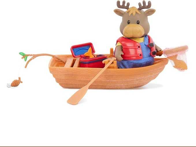 Li'l Woodzeez – 53 Pieces Happy Camper Playset with Moose Family, Detachable RV Trailer & Vehicle – Dollhouse Furniture & Accessories – Pretend Play Gift for 3+ Years Years