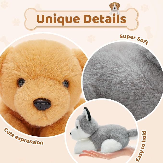 Tezituor 6 Pack Dog Stuffed Animals, 11 Inch Fluffy Puppy Plush Toys Bulk, Assorted Stuffed Dogs for Kids, Lying Dog Plush Set for Birthday Party Favors, Dog Themed Gifts