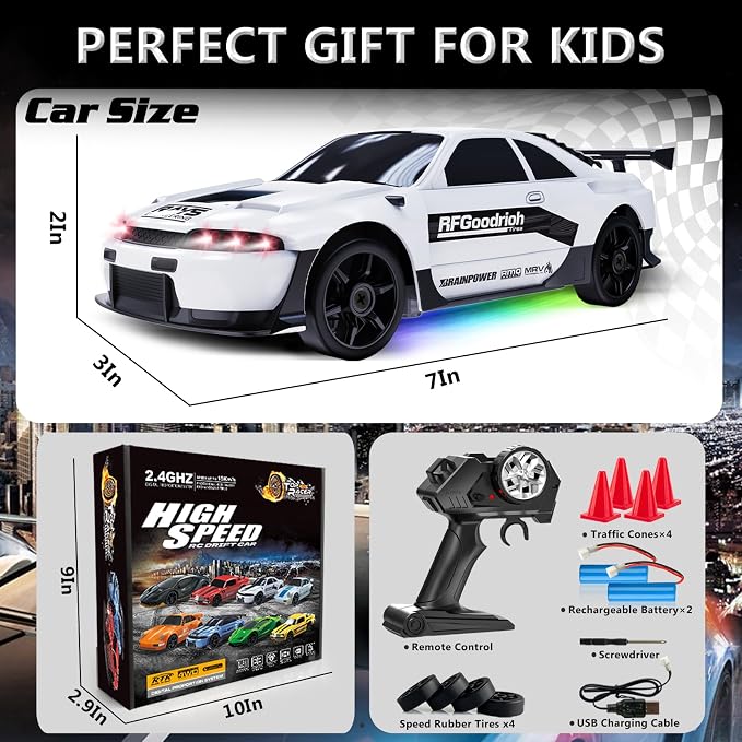 RC Drift Car 1:24 Remote Control Car 4WD 15KM/H High Speed Racing Sport Car with LED Lights RC Cars Toy for Kids Boys Girls Adults Gifts Birthday Christmas Rechargeable Batteries