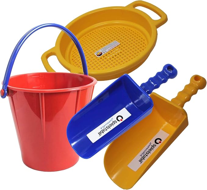 Spielstabil Large Sand Toys Bundle for Kids - Heavy Duty Sandbox Toys with Large Pail, Sieve, and 2 Scoops, Kids Summer Toys for Beach, Colors Vary, Ages 2.5 and Up