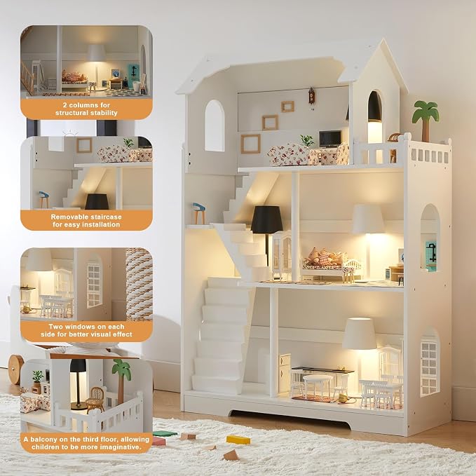 Wooden Dollhouse Bookshelf, 3-Tier Kids Dollhouse Bookcase for Books & Toys Storage Organizer Shelves, Large Doll House for Kids Rooms, Playroom, Nursery, Classroom Gift for Aged 3+