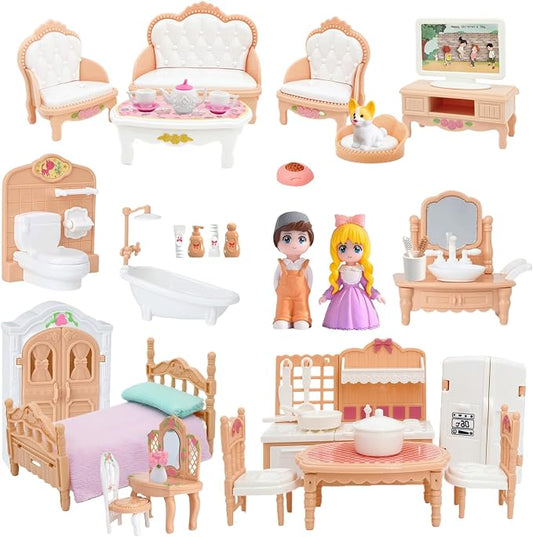 Princess Dollhouse Furniture Set, 48 Piece Luxury Miniature Accessories Collection with Living Room, Bathroom, Bedroom，Kitchen, TV Entertainment Set (Beige)