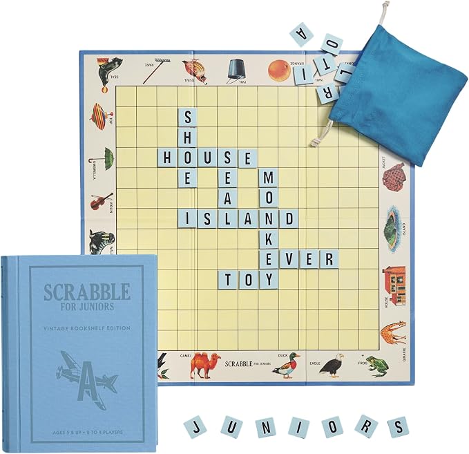 WS Game Company Scrabble for Juniors Vintage Bookshelf Edition: Linen Fabric-Wrapped Book Case — Educational Scrabble Jr. Board Game for Kids and Families (2-4 Players, Ages 5+)