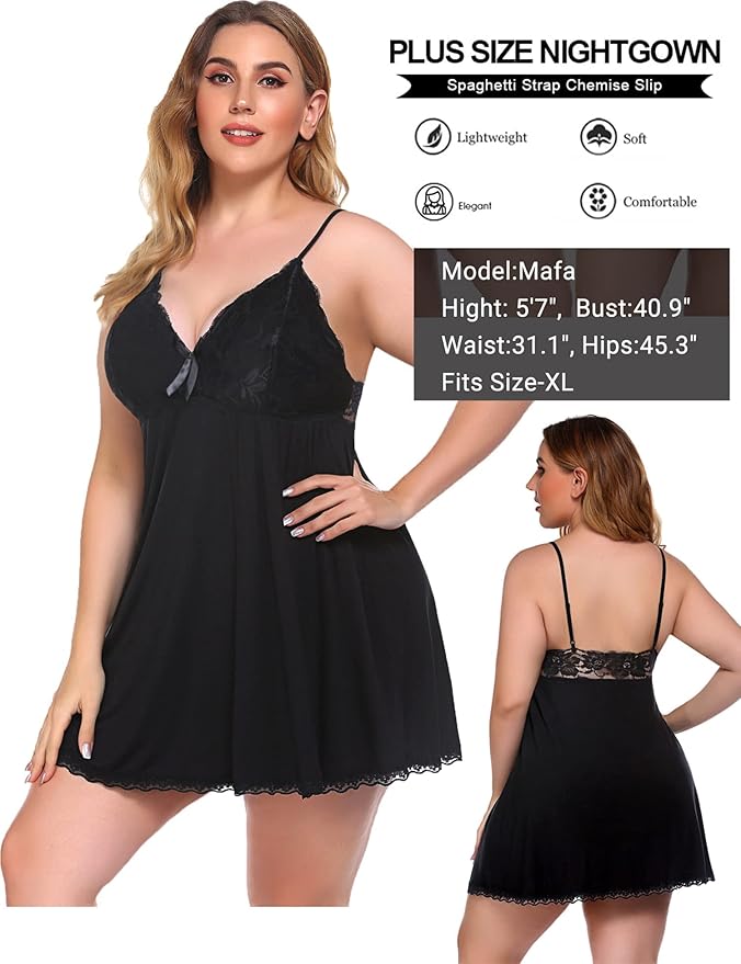 Avidlove Women Nightgown Sexy Sleepwear Lace Chemise V-neck Modal Babydoll Lounge Dress