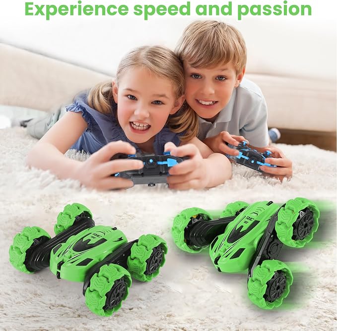 RC Stunt Car, 360° Flips & Double-Sided Remote Control Truck with LED Lights, 2.4GHz High Speed All Terrain Off-Road Toy Car, Gift for Boys Girls Kids Ages 6-12 (Green)