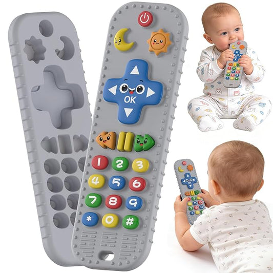 Baby Teething Toys Silicone Baby Remote Teether Over 3 Months - Baby Essentials Sensory Chew Toys - Baby Teether for Teething Relief - BPA Free Infant Toys Baby Shower Gifts (1, Grey)