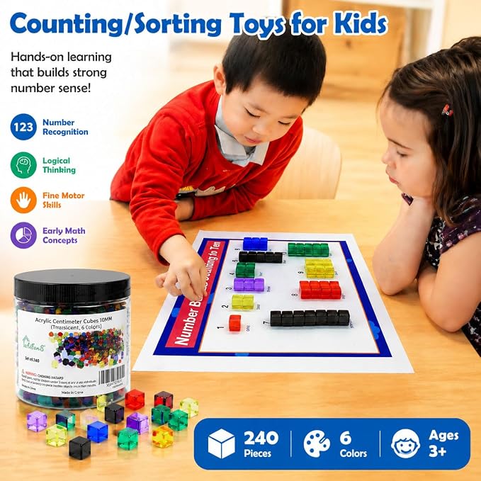 240PCS Centimeter Cubes,Counting/Sorting Toy,Translucent,6 Colors | Counting Cubes,Plastic Math Cubes, Early Development Activity Games, Portable Box