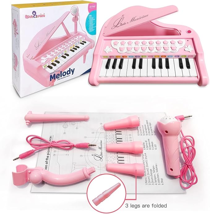 Love&Mini Piano Keyboard Toys for Girls - 24 Keys Toddler Piano Music Toy Instruments with Microphone，Pink Piano Toys for 3+ Years Old Girls Birthday Xmas Gifts (24 Keys Pink Piano Toy)