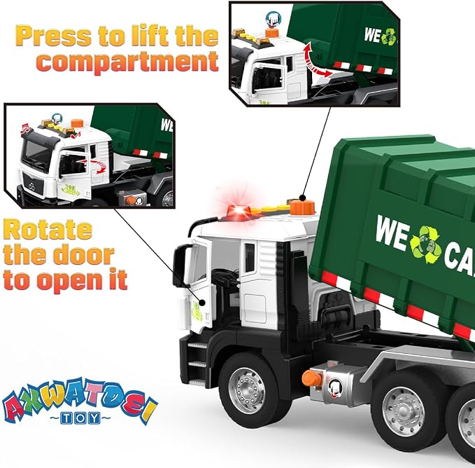 Garbage Truck Toy, Large Friction Powered Trash Truck Toy with Light and Sounds, 4 Trash Bins and Learning Cards for Kids