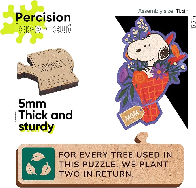 Peanuts Puzzles for Adults – Wooden Puzzles Gifts for Mom Grandmother Daughter, 300 Pieces Unique Shaped Jigsaw Puzzles, 5MM Thick, Officially Licensed Merchandise – Mom Bouquet, 17.7" x 11.5"