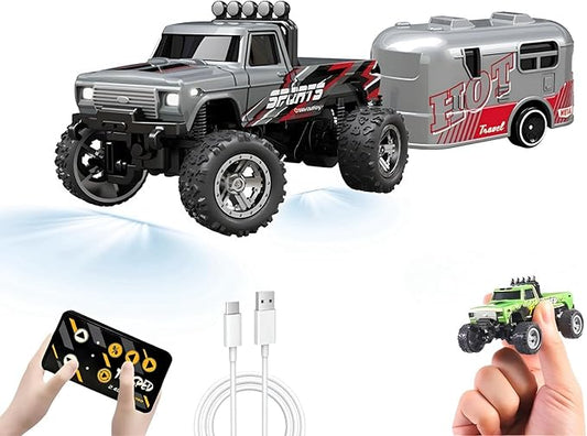 1:64 Scale Mini Remote Control Monster Truck with Trailer | 2.4GHz & App Dual Control, Alloy Mini RC Car with LED Lights, Portable Pocket Toy Car for Kids & Adults, Gift for Boys (Grey)