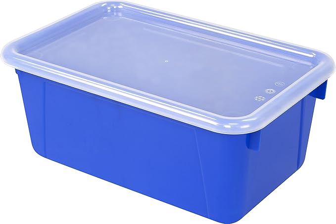 Storex Small Cubby Bins – Plastic Storage Containers for Classroom with Non-Snap Lid, 12.2 x 7.8 x 5.1 inches, Assorted Colors, 5-Pack (62406A05C)
