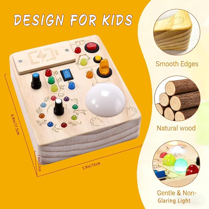 Montessori Busy Board for Toddlers 1-3 Year Old, Sensory Activity Toys for Baby Aged 1 2 3 Years Old with LED Light Switches, Wooden Travel Toys for Boys Girls Gift (Tap Light Busy Board)