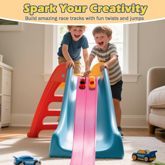Flexible Race Track for Kids 3+, Flexible Car Track 15Ft Race Track Compatible with Diecast 1/64th Cars, Roll Up Car Ramp Toy with Strong Suction Cups