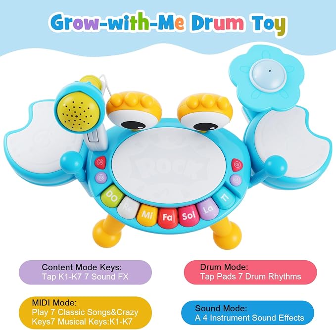 Resosese Toddler Drum Set for 1-3 Year Old, Baby Drum Set for Kids 1 2 3, Montessori Learning Toys with Light-Up Microphone, Birthday Gift for Baby Boys Girls 6 9 12 18 Months