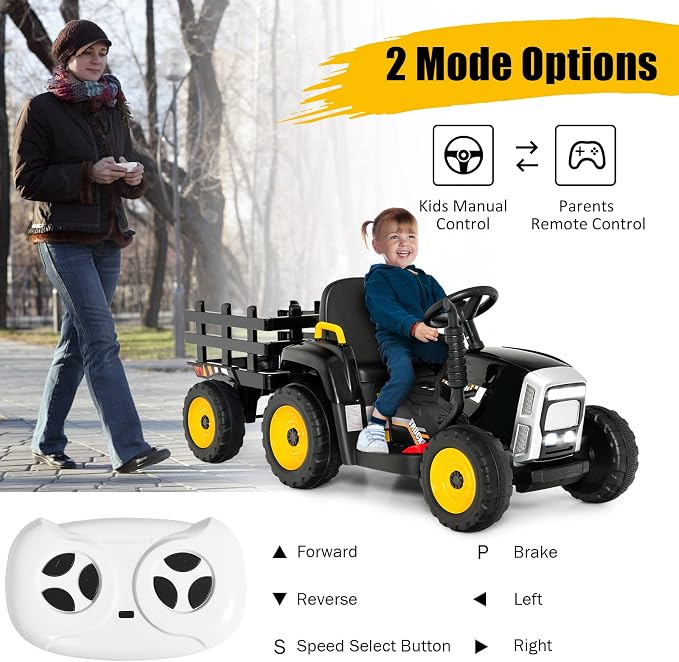 Costzon Ride on Tractor with Detachable Trailer, Kids' Electric Vehicles w/3-Gear-Shift Ground Loader, Wireless Design & USB, 7 LED Headlights, Remote Control Tractor Toy for Kids 3+ (12V, Black)
