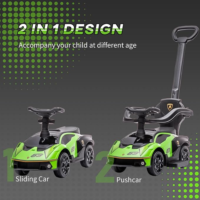 Aosom 2-in-1 Ride On Push Car for Toddlers 1-3, Licensed Lamborghini Stroller Sliding Car, Push-Along with Under Seat Storage Horn Engine Sound and Steering Wheel, Manual, Green