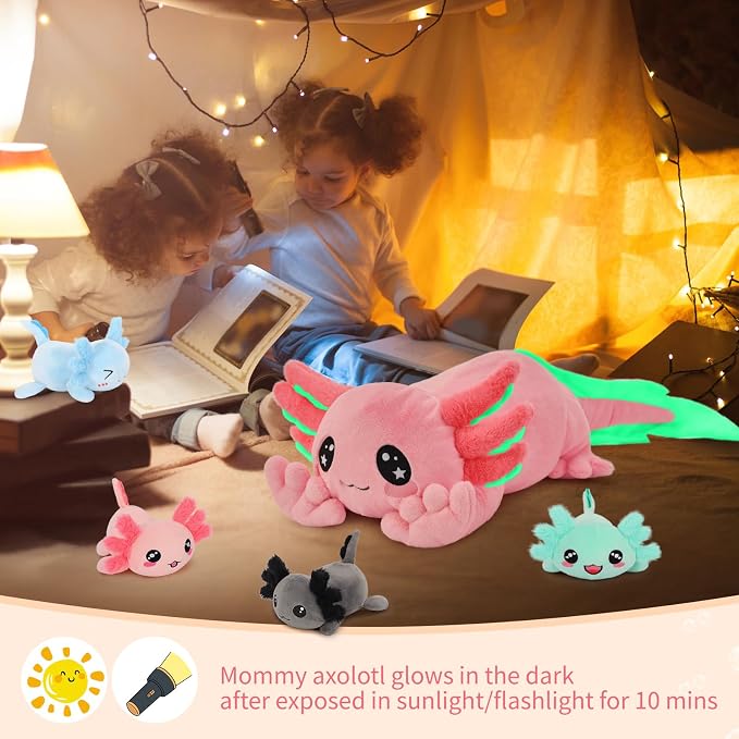 MaoGoLan 5 Pcs Axolotl Plush with 4 Babies Inside Belly, Glow in The Dark Stuffed Animals Pink Axolotl Toys Cute Kawaii Stuffy Salamander Pillow for Girls Kids Gift Valentine's Day Christmas