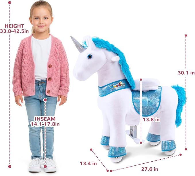WondeRides Ride on Horse Pony Unicorn Riding Horse Toys Pony Rider Rocking Horse, 30.1 inch Height Plush Walking Animal Mechanical Rocking Horse with Wheels (Blue-White, Size 3 for Age 3-5) M331-1
