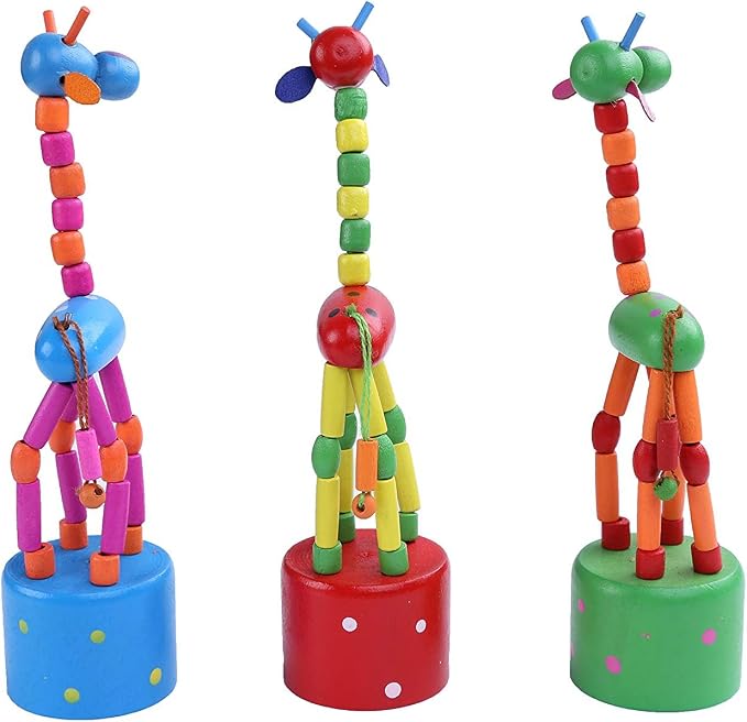 Finger Puppets, Wooden Cute Colorful Cartoon Puppets, Swing Dancing Body Collapsing Desktop Toys for Kids Toddlers (3 Giraffes)