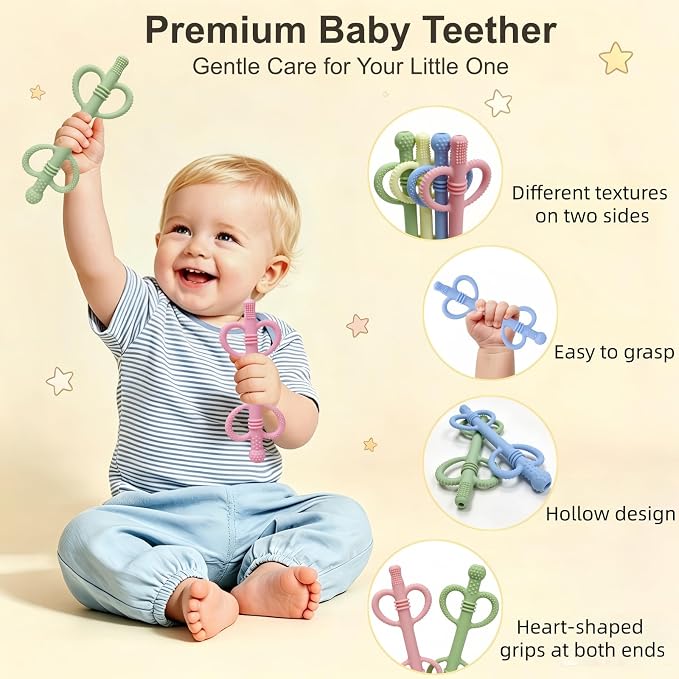4 Pack Sensory Silicone Teething Tubes, Baby Teether Toys with Easy-Hold Love Handle, Dual-Sided Textures, Soothe Sore Gums, BPA-Free Teething Chew Straws for 3+ Months Infants (Style B)