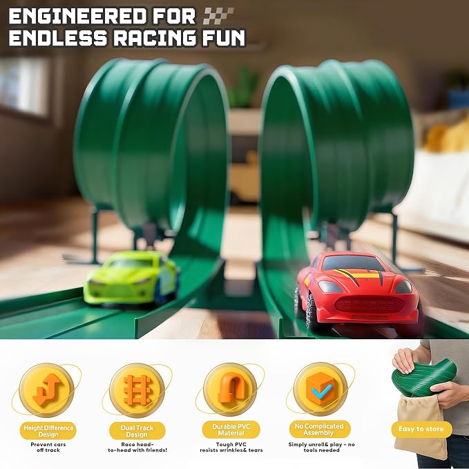 15.75 Ft Flex Track for Kids, Flexible Race Track Compatible with Hot Wheels and Diecast 1/64th Cars, Roll-Up Portable Race Car Ramp Track with Suction Cups & Track Anchors & 4 Race Cars, Green