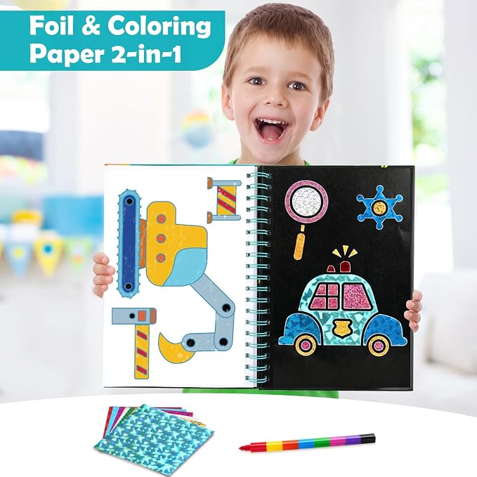 FUNNYB&G Foil Art Craft Kit for Boys 4-10 Years Old: Mess-Free & No-Glue, Create 16 Sparkly Vehicle Pictures – Perfect Travel Toy & Birthday Gift for Kids (Vehicle)