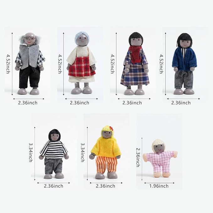 7PCS Wooden Dollhouse Dolls for Playing House Gifts for Children, Wood, Articulated Pretend Play Figures, Smooth Splinter-Free Wood, Montessori Family Set - 4.5In (Unique)