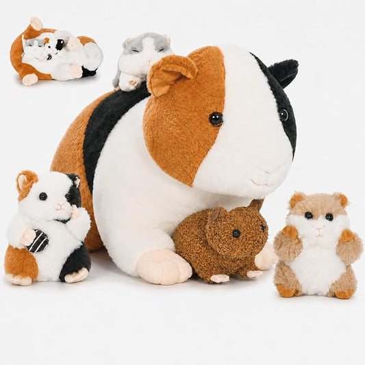 Guinea Pig Stuffed Animal with Babies, 19.7 Inch Mommy Guinea Pig Plush Toy Set with 4 Baby Guinea Pigs, 5 Piece Soft Plush Animals with Zipper Belly, Gift for Kids Girls Boys