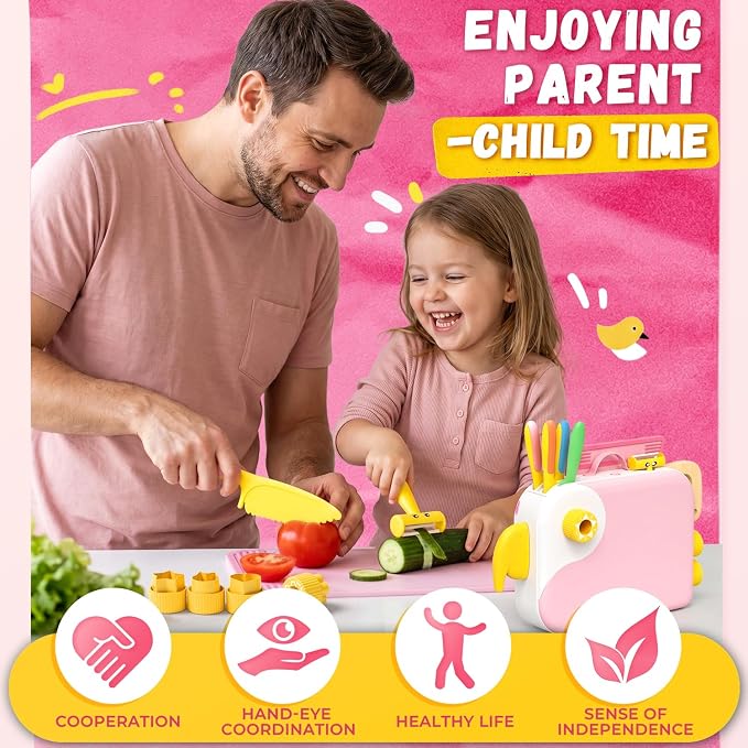 Montessori Kitchen Tools for Toddlers,Kids Knife for Real Cooking,Toddlers Knife Set with Storage Box Kids Safe Knives Children Cutting Set and Peeler,Montessori Toys for Kitchen Set -Pink