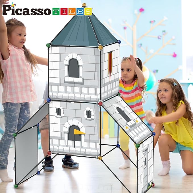 PicassoTiles Fort Building Kit 376 Pieces Kids STEM Educational Learning Construction Play Toy Indoor and Outdoor DIY Build Forts Castles Tents Playhouse with Cloth Cover Print Boy Girl Ages 5+ PTC126