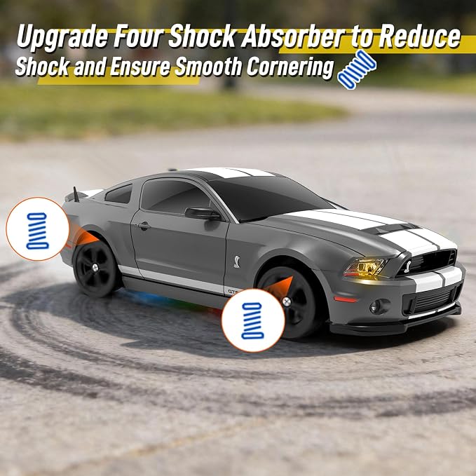 YONCHER RC Drift Car, Remote Control Car for Kids Ford Mustang Shelby GT500 Officially Licensed, 1:24 20KM/H 4WD with Lights, Fast Racing Toy Car for Boys Girls, Gray