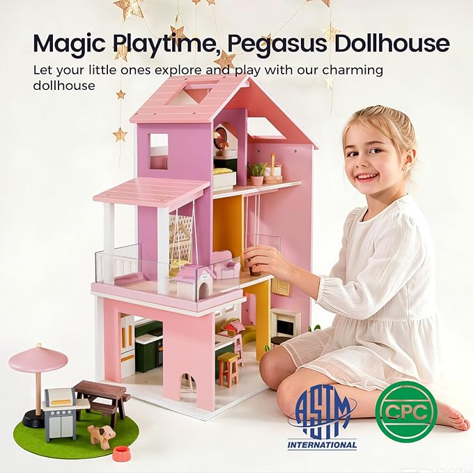Tiny Land Wooden Doll House, Modern Family Dollhouse with Realistic Design, 7 Rooms Dollhouse with 49 PCS Accessories, Montessori Pretend Play Toddler Toy, Ideal Gift for Kids Ages 3+, Pink