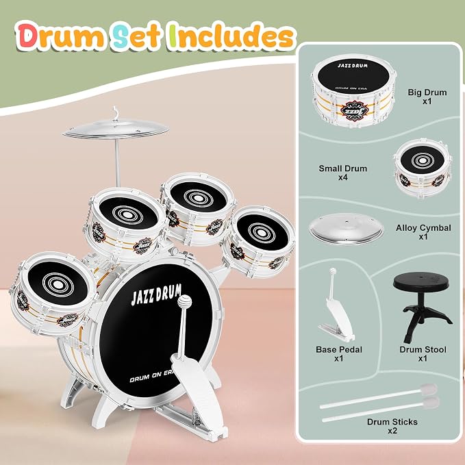 Kids Drum Set for Toddlers 1-3 - Musical Toy Drums Set for Kids - 5 Drums Musical Instruments Toys for 3 4 Year Old Brithday Ages 3-5