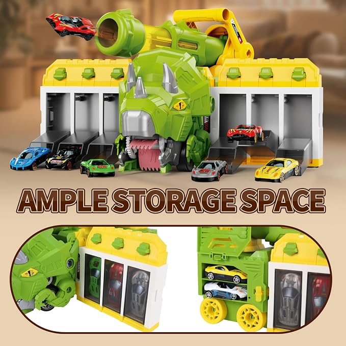 STBEIMEIMY Triceratops Truck Toy, Ejection Shooting Game with Storage & 10 Cars Dinosaur Shooting Truck with Foldable Pod, 10 Mini Cars & 12 Soft Balls, Develops Motor Skills & Coordination