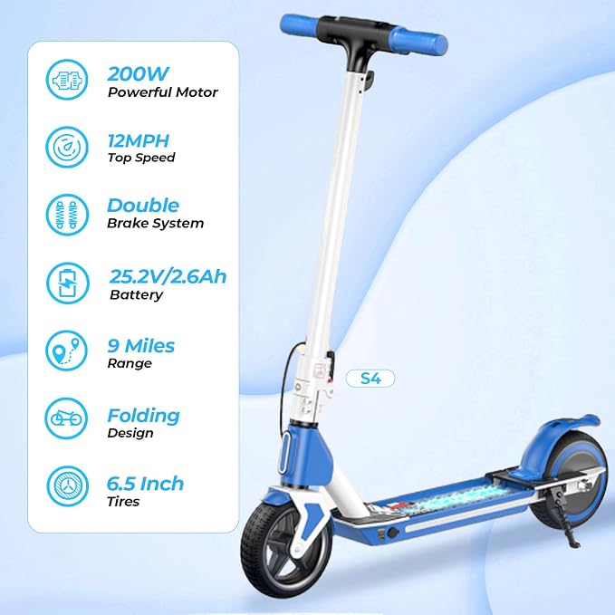 isinwheel S4 Electric Scooter for Kids Ages 6-14, 200W Foldable Kids Electric Scooter with 3 Speeds (5/8/12 Mph), LED Display, Colorful Lights, Gift for Kid