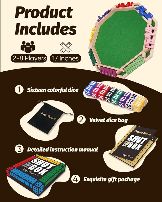 Deluxe 2-8 Player Original Shut The Box Game, Math Dice Board Game for Family Night Classroom Travel, Wooden Classic Table for Group Kid Adult Senior Travel Party Bar Easy Quick and Fun