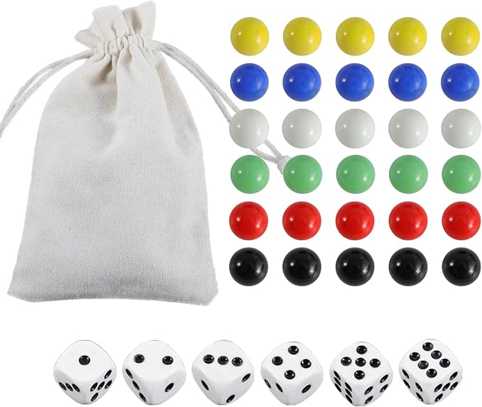 30 PCS Glass Marbles 6 Colors for Wahoo Marble Games and 6 Dices (0.63inches)
