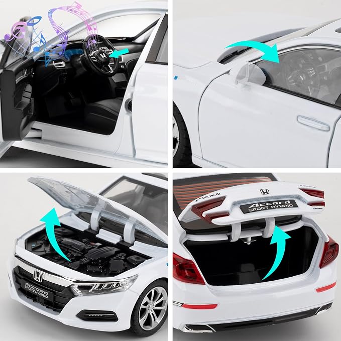 WAKAKAC Toy Cars Compatible for 1:24 Accord Model Cars, Pull Back Die-cast Vehicles with Sounds＆Lights for Kids Boys Girls and Adults, Gift White