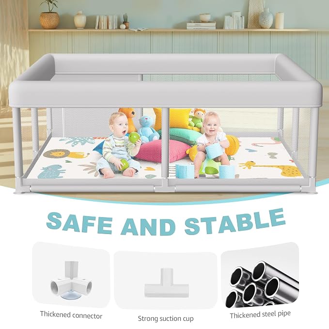 Hiaksedt Baby Playpen with Mat 65 x 50 Inch, PlayPen for Babies and Toddlers, Sturdy Safety Play Yard for Indoor & Outdoor with Zipper Gates