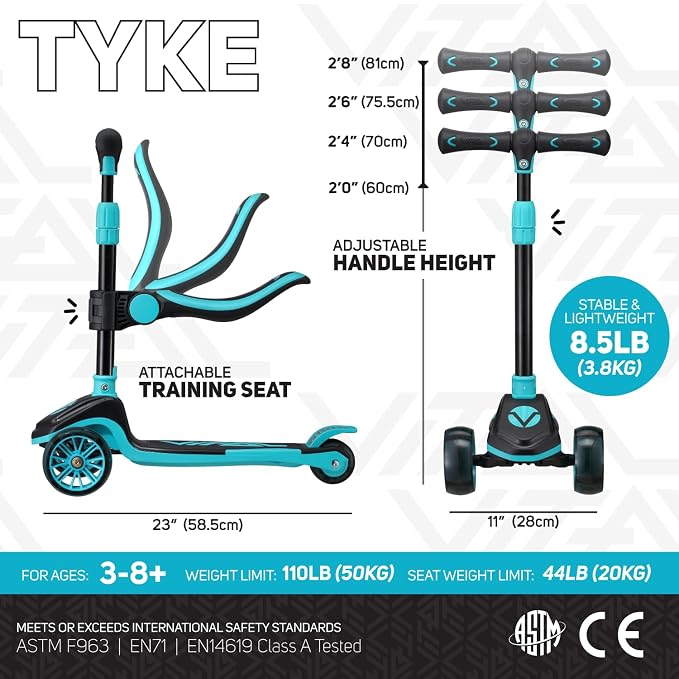 Vital Tyke 3 Wheel Toddler Scooter | LED Wheels, Foldable, Tool-Free Adjustable Handlebar & Removable Seat Scooters for Kids 3-5 and kick Scooters for Kids 5-7 up to 110lbs