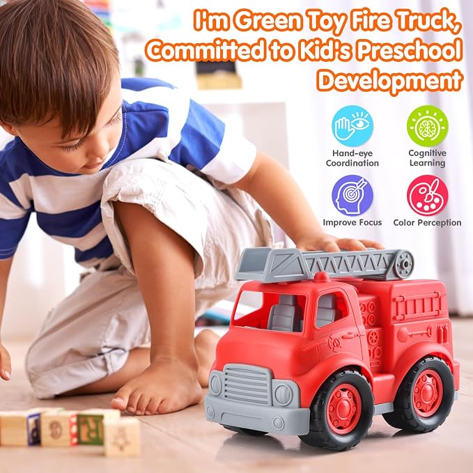 PLAY Eco-Friendly Fire Trucks, [USDA Certified] No BPA/Phthalate/PVC, Recycled Bioplastic Ladder Fire Engine Toy Gift for Boy Girl, Car Toys Vehicle Gift for Kids
